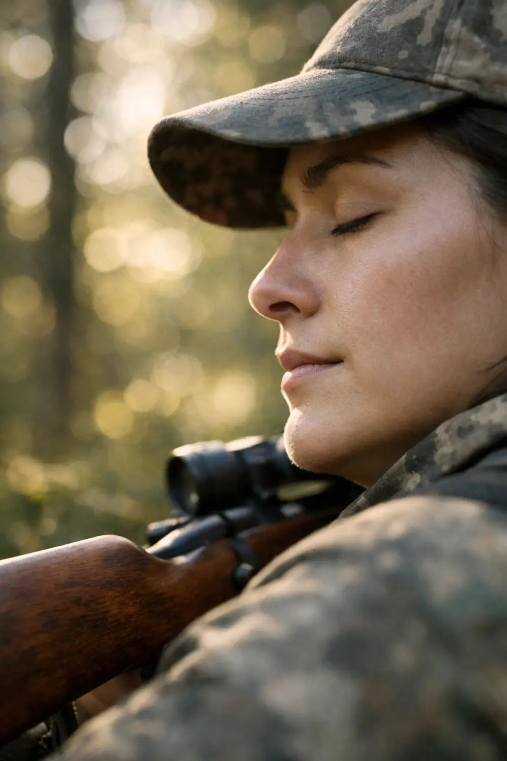 Shooter practicing breath control and concentration during shooting session outdoors