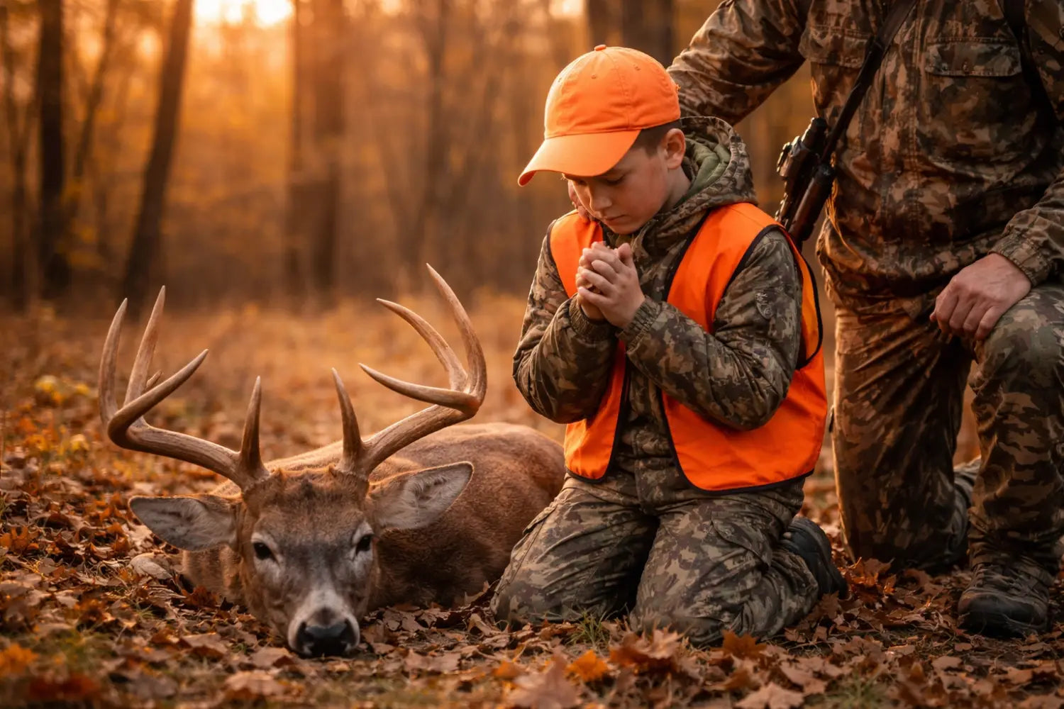 Young hunter and mentor giving thanks in prayer after a successful ethical whitetail deer harvest.
