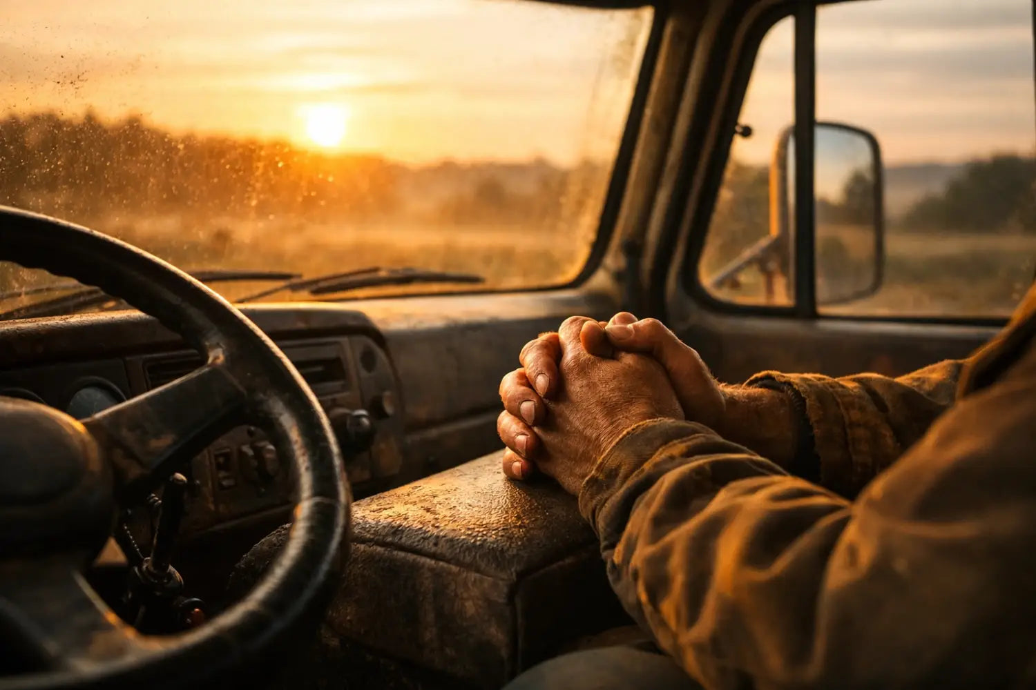 Outdoorsman praying in a truck cabin at dawn, starting a faith-filled hunting routine.