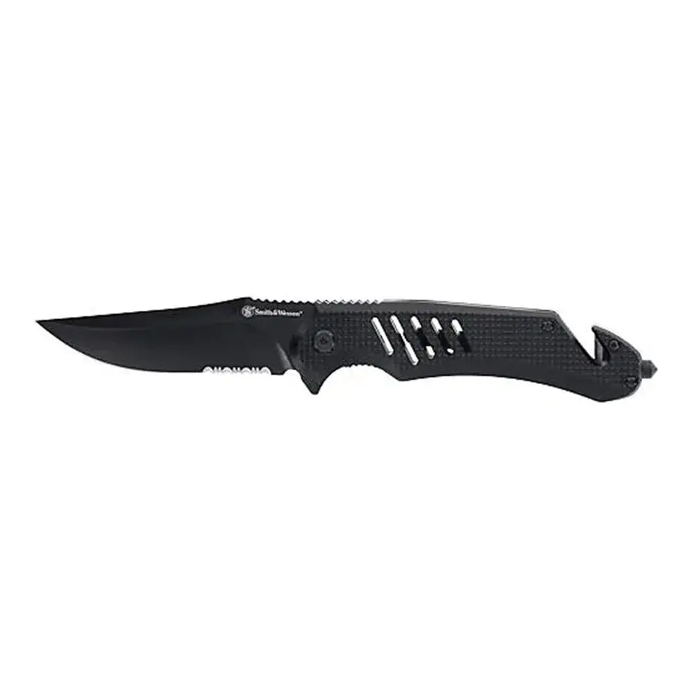 Battenfeld Knives Smith & Wesson Extreme Ops Folding Knife 3-1/2’’ Clip Point Blade Black with Glass Breaker and Strap