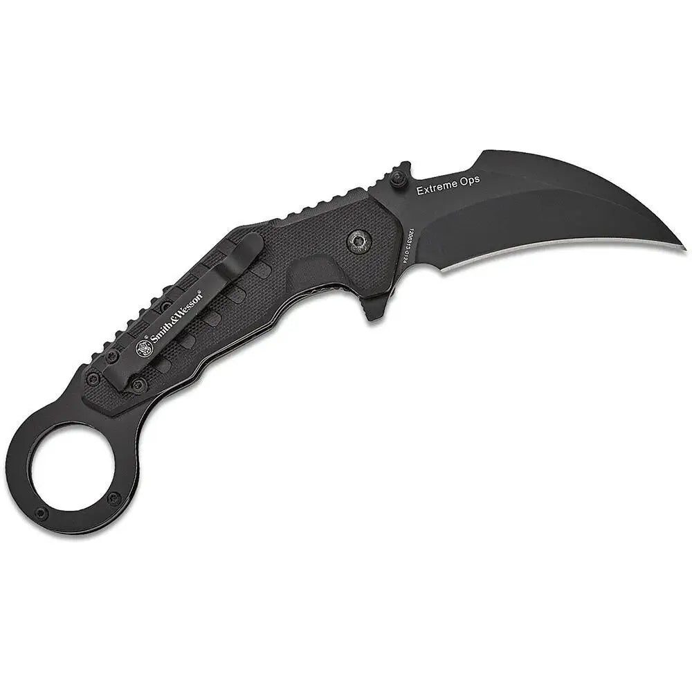 Battenfeld Knives Smith & Wesson Extreme Ops Karambit Assisted Folding Knife 3’’ Hawkbill Blade Black Buy at Faith