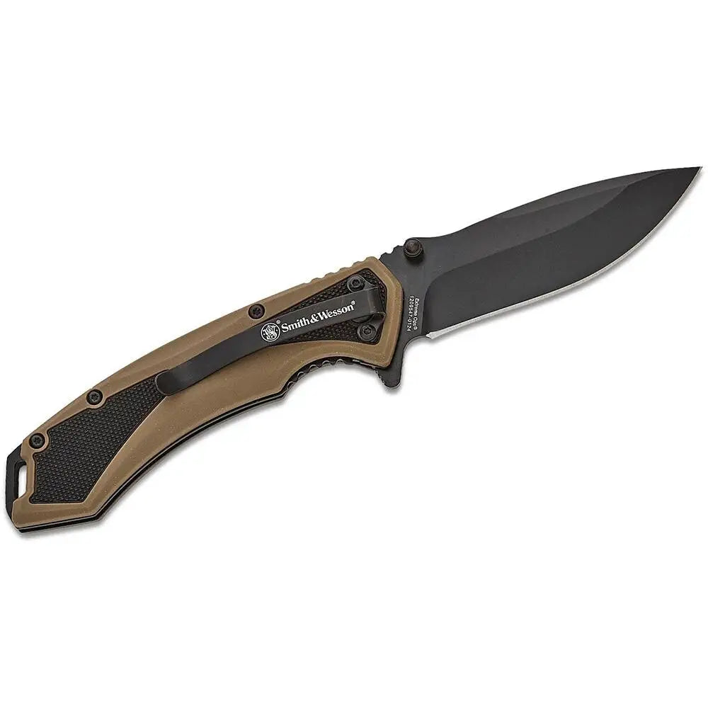 Battenfeld Knives Smith & Wesson Extreme Ops Spring Assist Folding Knife 3-1/4’’ Drop Point Blade Black Tan Buy