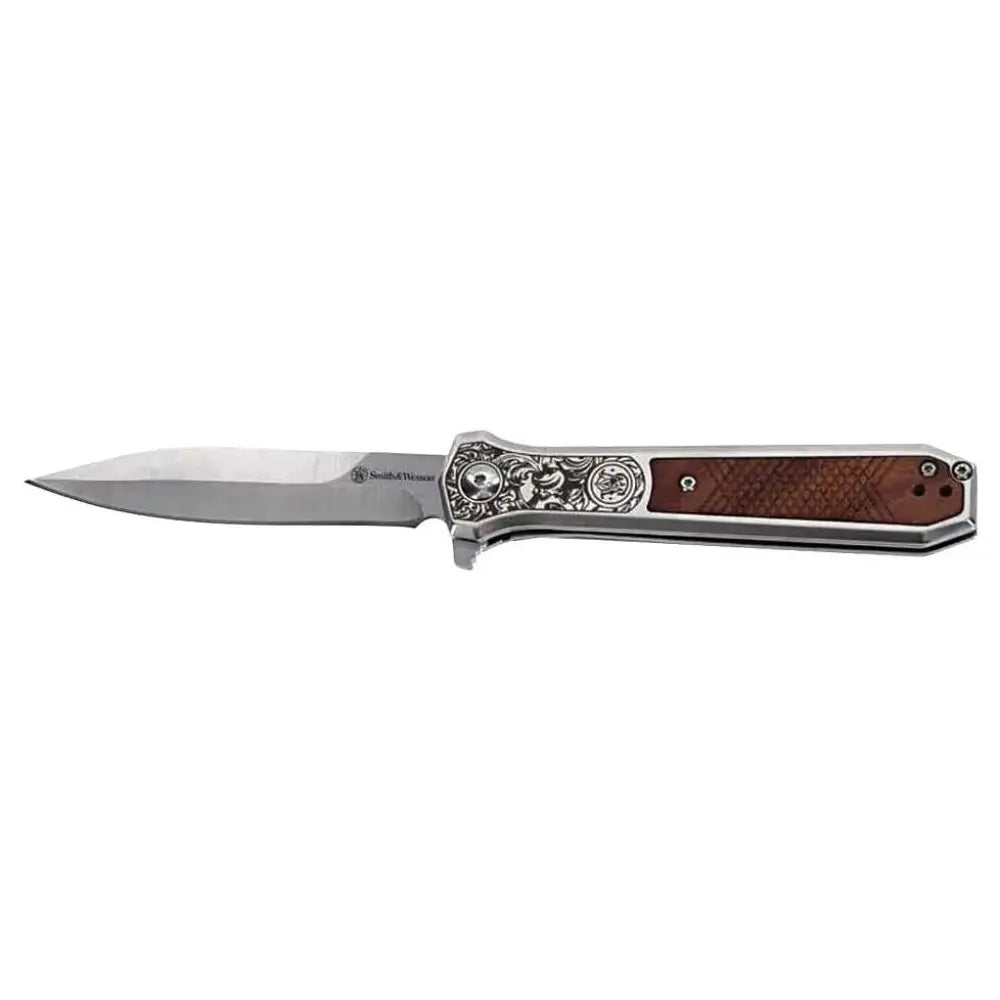 Battenfeld Knives Smith & Wesson Kt Unwavered Spring Assist Folding Knife 3-1/5’’ Dagger Blade Silver with Brown Box