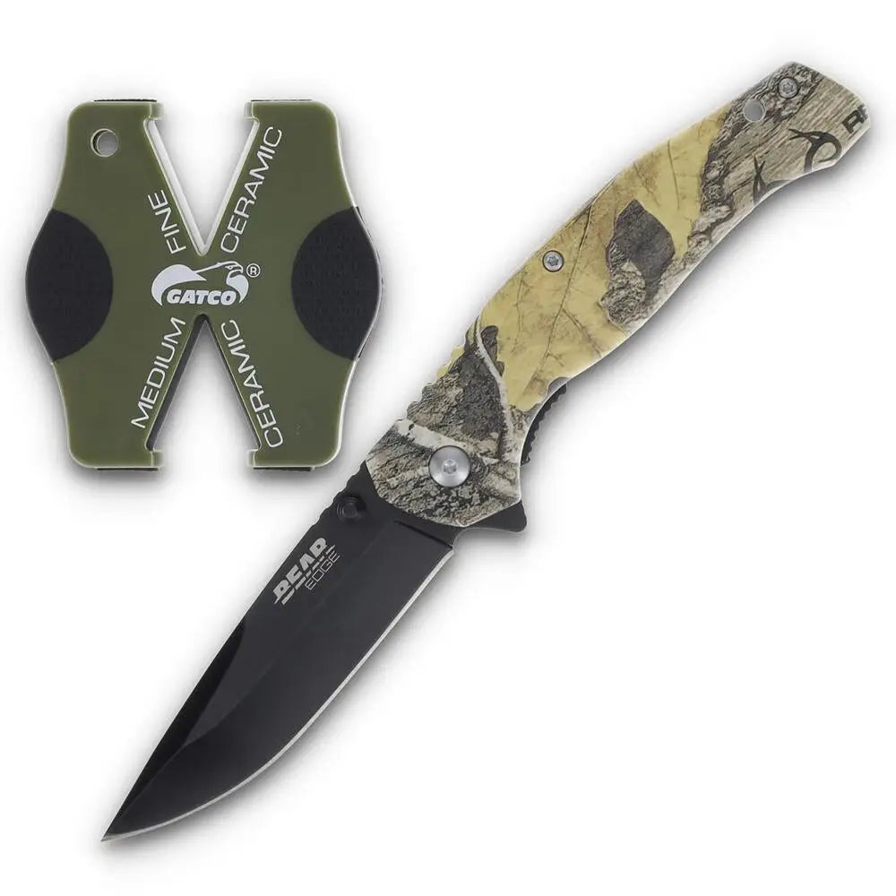 Bear & Son Cutlery Knives Edge Brisk 2.0 Folding Knife Sharpener Combo Drop Point Blade Brown Camo Buy at Faith