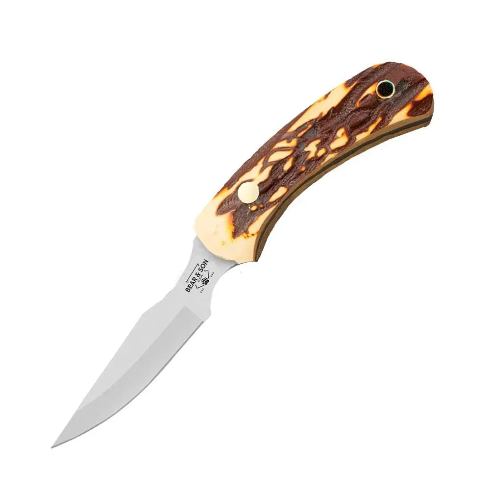 Bear & Son Cutlery Knives Ergonomic Caper Fixed Knife 2-1/2’’ Clip Point Blade Stag Delrin with Leather Sheath Buy
