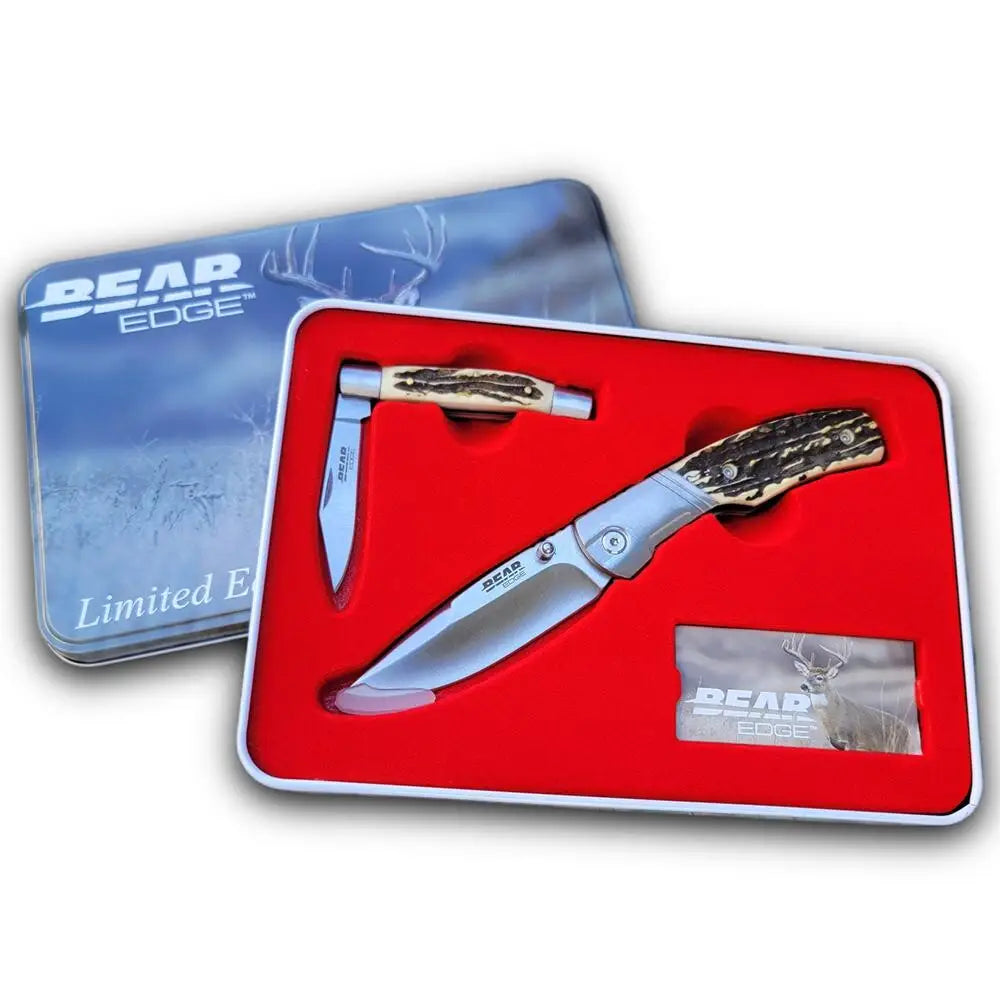 Bear & Son Cutlery Knives Limited Edition Gift Tin Two Folding Knife Combo Set Stag Delrin Buy at Faith and Freedom