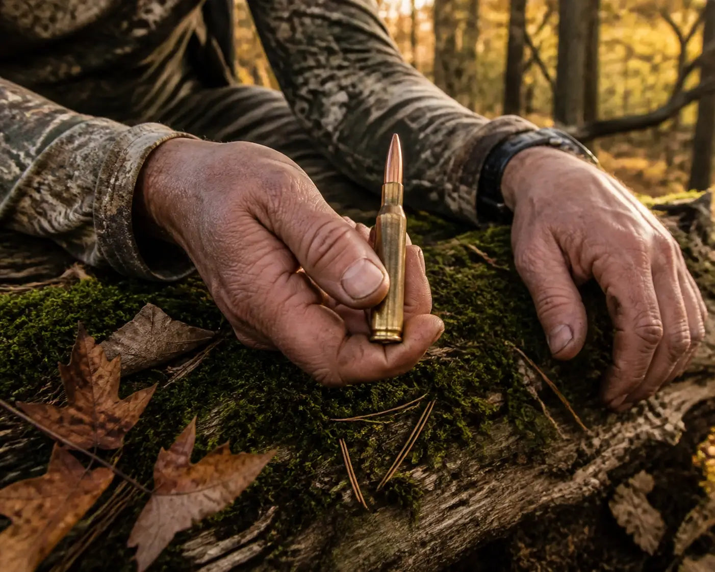 Close-up of hunter's hands holding ammunition in a forest, symbolizing ethical stewardship.