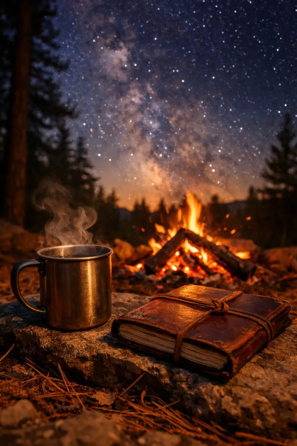 A warm campfire and prayer journal under a starry night sky during a spiritual outdoor retreat.