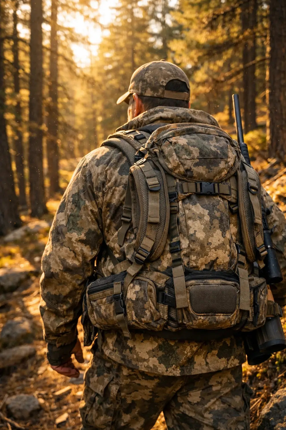 Hunter hiking through a pine forest wearing a comfortable Tenzing hunting pack for endurance.