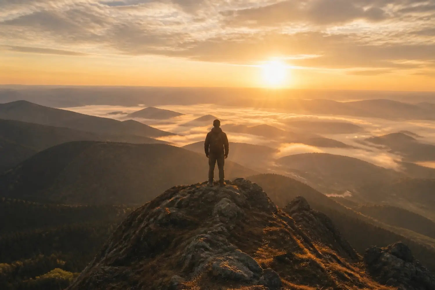 Hiker silhouetted on a mountain peak at sunrise, reflecting on faith in the wilderness.
