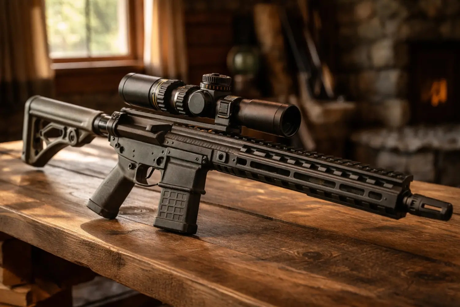 AR-15 rifle with LPVO scope on rustic table, illustrating versatile hunting optics for mid-range shooting