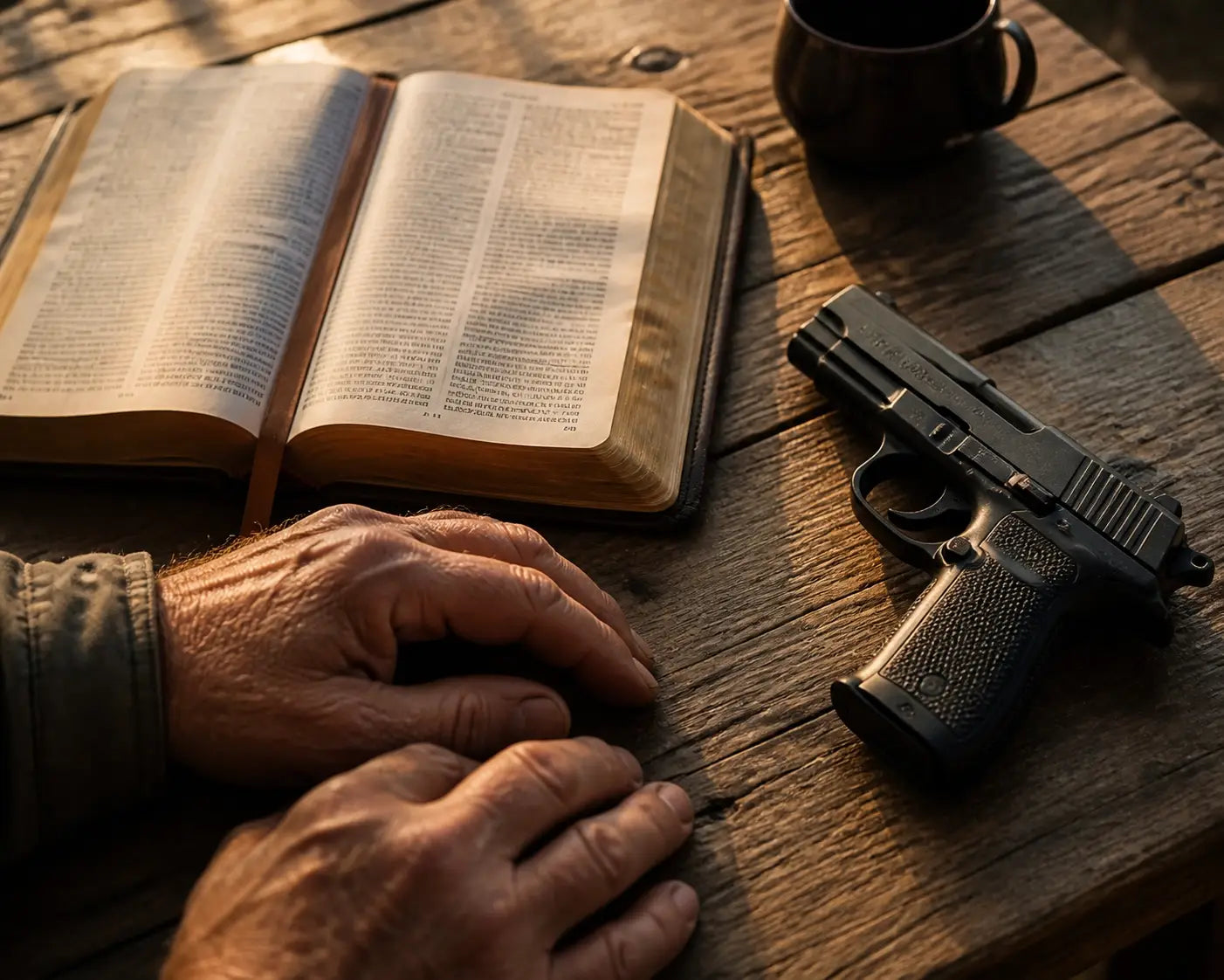 Hands resting by an open Bible and a black handgun on a rustic table during faith-led training.