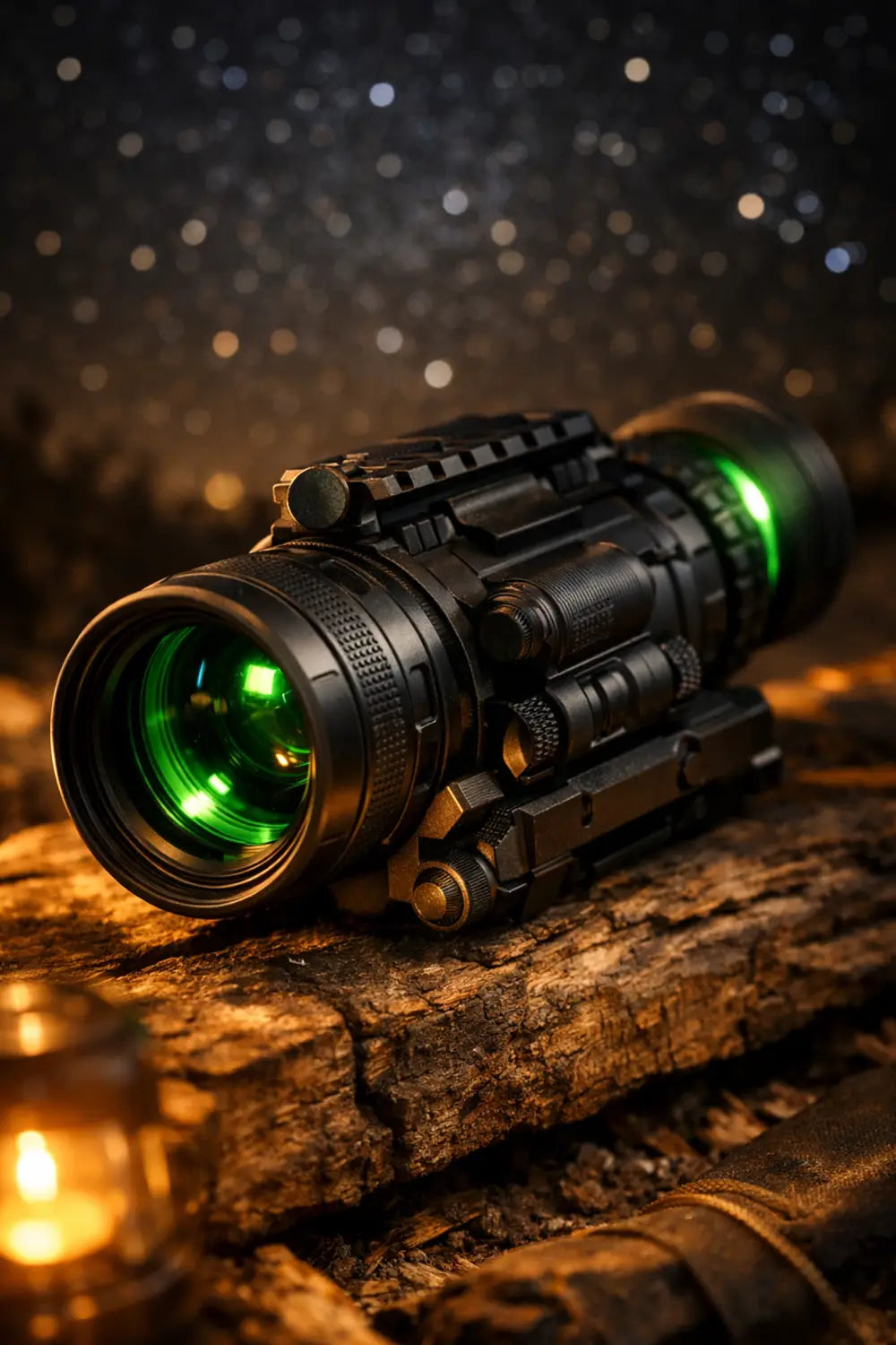 Night vision optic device on weathered wood with starlit sky showing outdoor preparedness gear