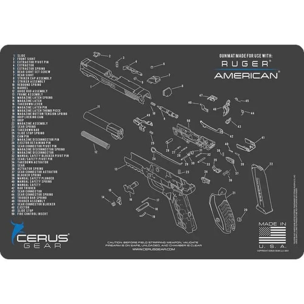Cerus Gear Cleaning Mats|gun Mats Ruger American Handgun Schematic Mat 12x17 Grey and Blue Buy at Faith and Freedom