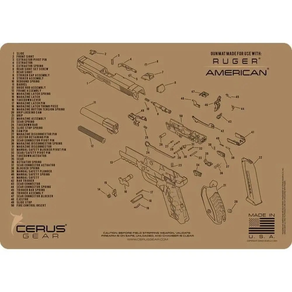 Cerus Gear Cleaning Mats|gun Mats Ruger American Handgun Schematic Mat 12x17 Coyote Brown Buy at Faith and Freedom