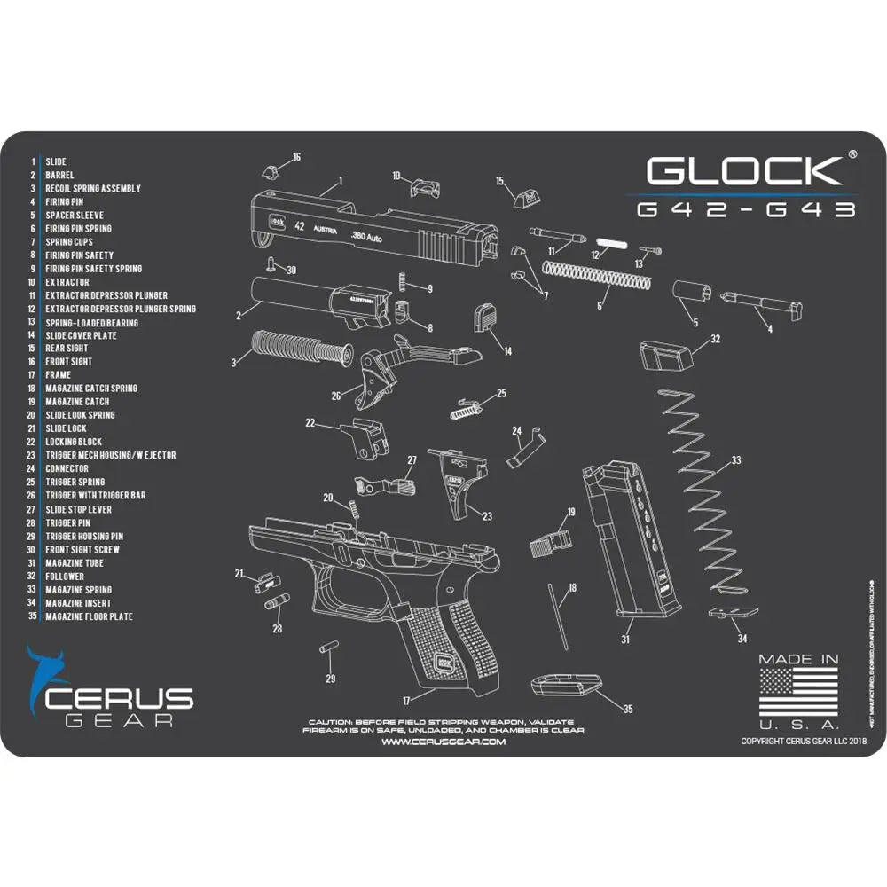 Cerus Gear Gun Cleaning Mats 12x17 Glock 42-43 Schematic Promat - Gray Buy at Faith and Freedom Outdoors