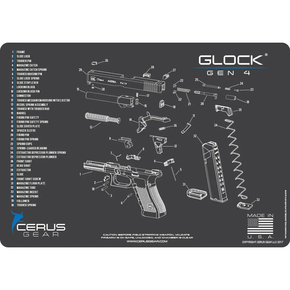 Cerus Gear Gun Cleaning Mats 12x17 Glock G4 Schematic Promat - Gray Buy at Faith and Freedom Outdoors
