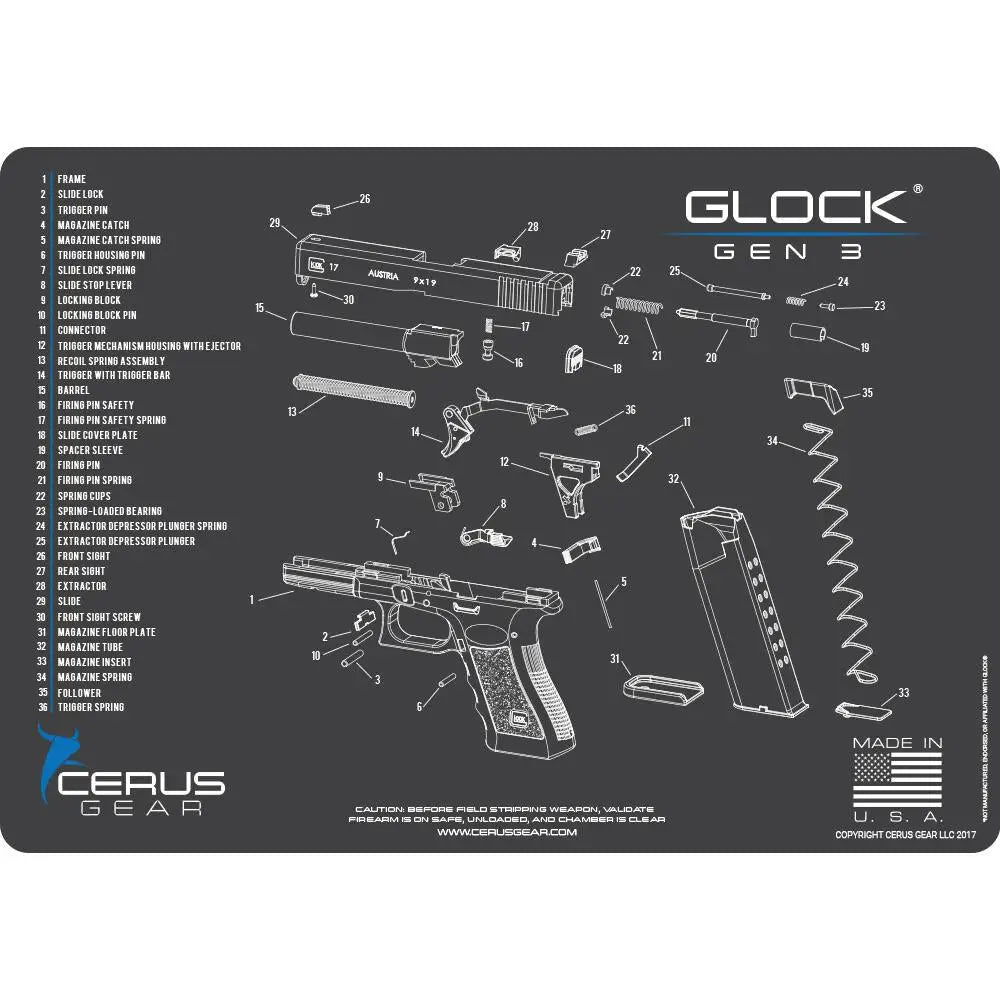 Cerus Gear Gun Cleaning Mats 12x17 Glock Gen3 Schematic Promat - Gray Buy at Faith and Freedom Outdoors
