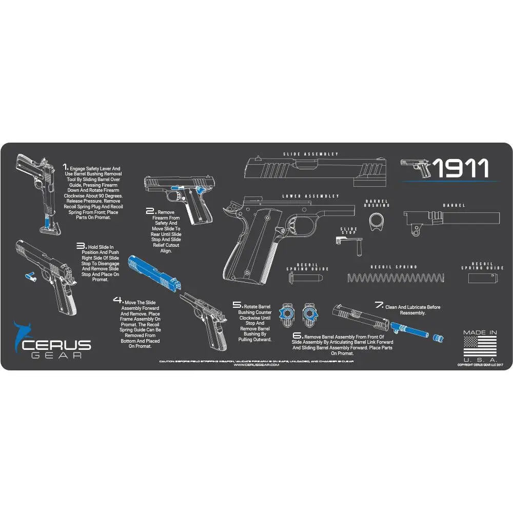 Cerus Gear Gun Cleaning Mats 12x27 1911 Instructional Promat - Gray Buy at Faith and Freedom Outdoors
