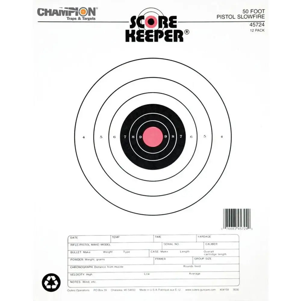 Champion Paper Targets Scorekeeper Fluorescent Orange Bull 50 Ft. Pistol Slow Fire 12/ct Buy at Faith and Freedom