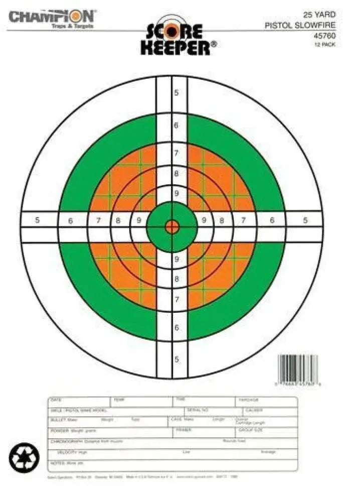 Champion Paper Targets Scorekeeper Fluorescent Orange & Green Bull - 25 Yd. Pistol Slow Fire 12/pack Buy at Faith
