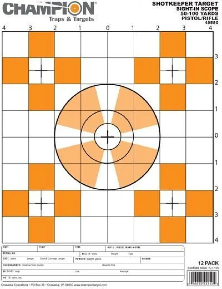 Champion Paper Targets Shotkeeper Orange Sight-in Small 12/pack Buy at Faith and Freedom Outdoors
