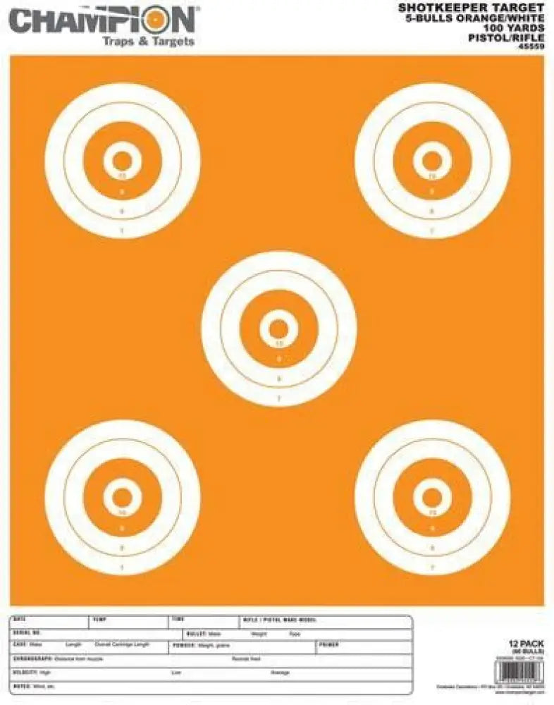 Champion Paper Targets Shotkeeper White & Orange 5 Bull Large 12/pack Buy at Faith and Freedom Outdoors