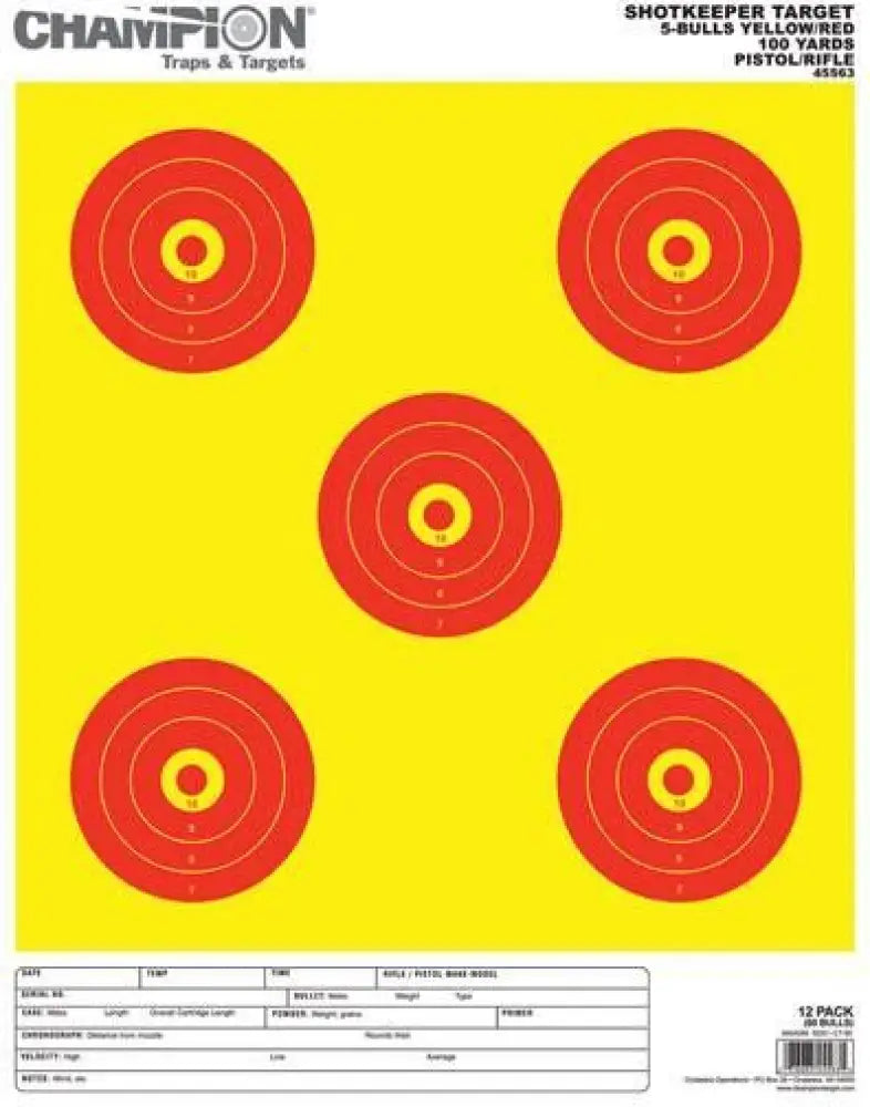 Champion Paper Targets Shotkeeper Yellow & Red 5 Bull Large 12/pack Buy at Faith and Freedom Outdoors