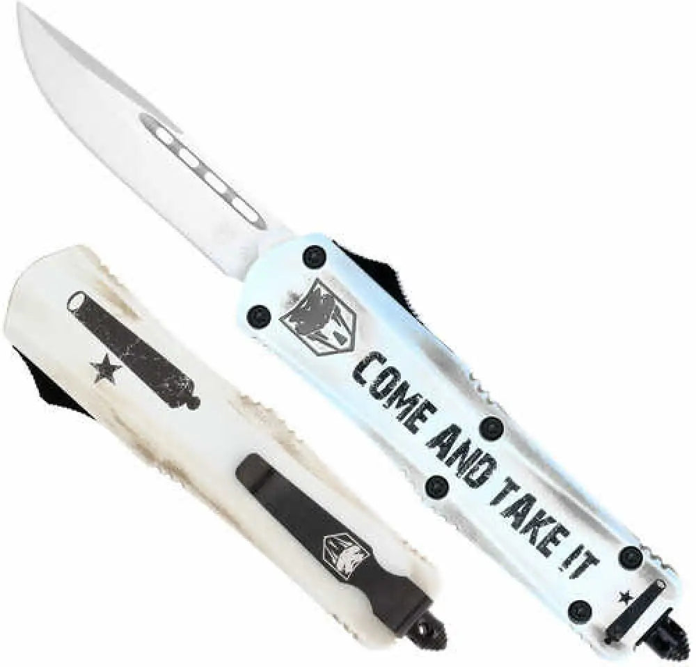 Cobratec Knives Scatifs3dns Fs-3 Small 3’’ Otf Drop Point Plain D2 Steel Blade 4.50’’ White ?Come and Take It’ Aluminum C