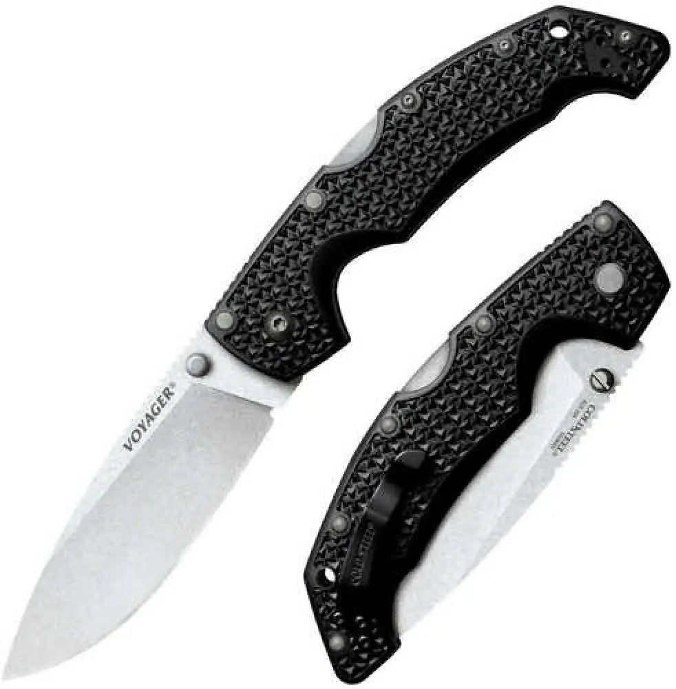 Cold Steel Cs29ab Voyager Large 4’’ Folding Plain Drop Point Stone Washed Aus 10a Blade/black Textured Griv-ex Hand
