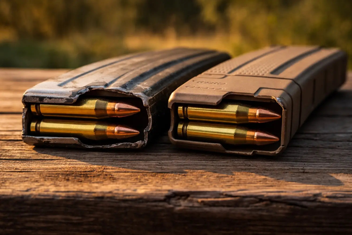 Comparison of damaged AR magazine feed lips and Magpul PMAG feed lips outdoors on a rustic table