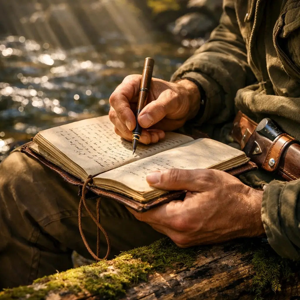 A hiker writing in a prayer journal by a mountain stream, reflecting on their faith-filled journey outdoors.