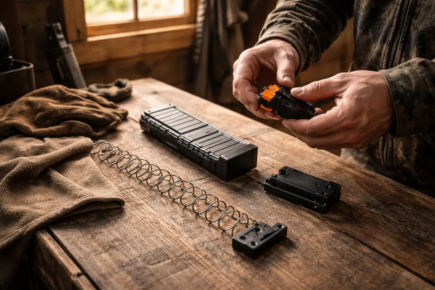 Hunter disassembling Magpul PMAG magazine on a wooden workbench to inspect gun parts for reliability.