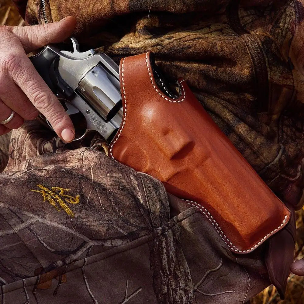 Desantis Leather Gun Holsters #016 Dual Angle Hunter Holster for S&w l Frame 6’’ Tan Left Hand Buy at Faith and Freedom
