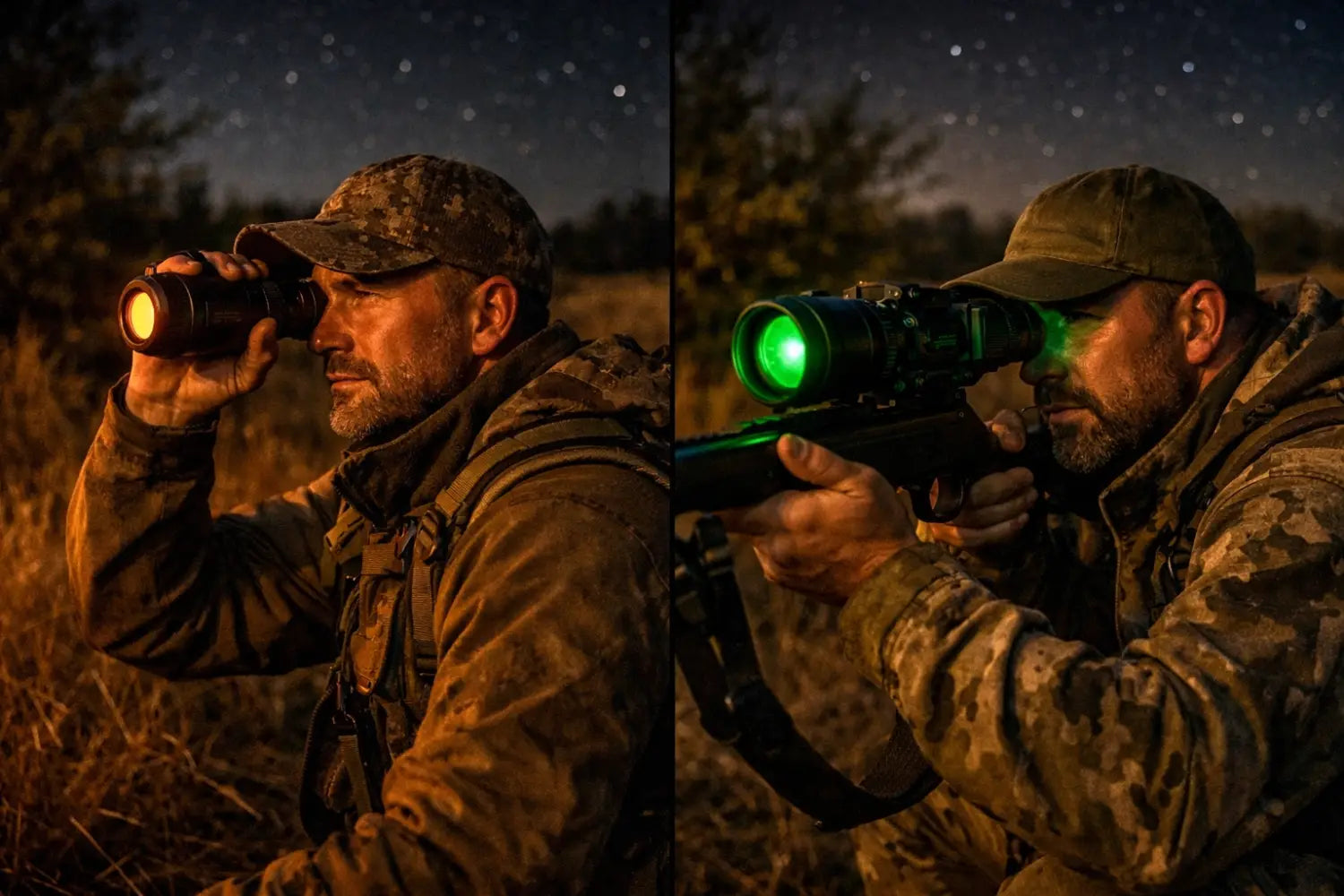 Two hunters using thermal and night vision together for effective hog hunting