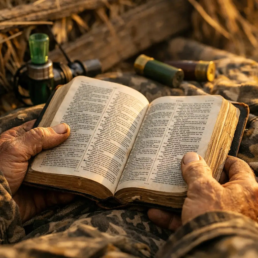 Open Bible resting on hunting gear in duck blind for faith-filled outdoor devotion