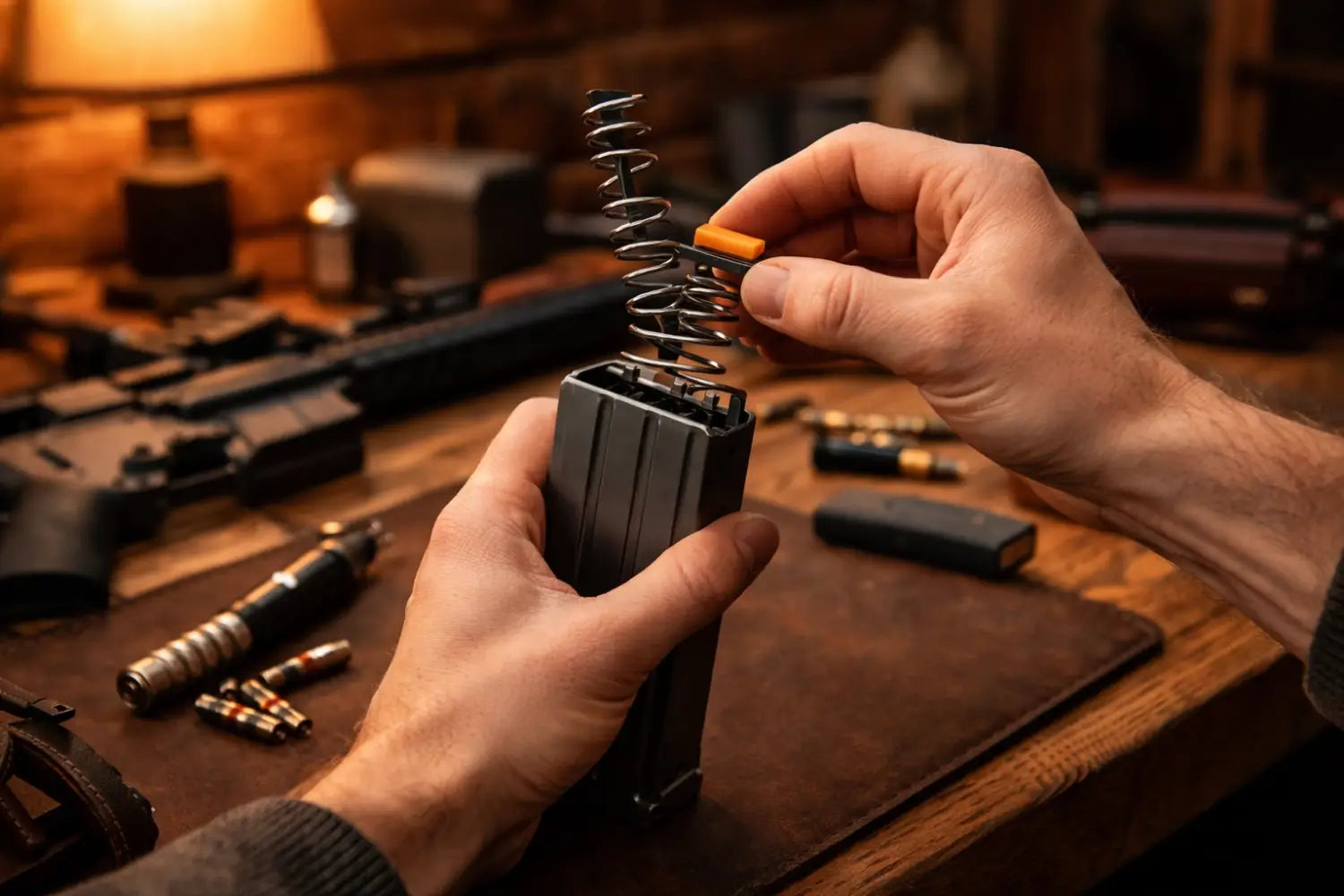 Shooter inserting a new spring into an AR magazine on a cozy cabin workbench with gun tools