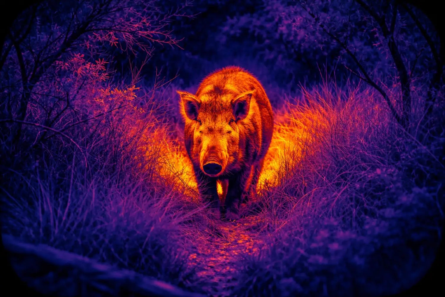Thermal optics view of a wild hog in Texas brush at night, showcasing thermal imaging for hunting applications.