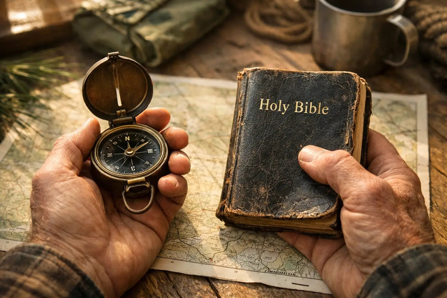 Compass and Bible on topographic map showing spiritual and wilderness navigation guidance
