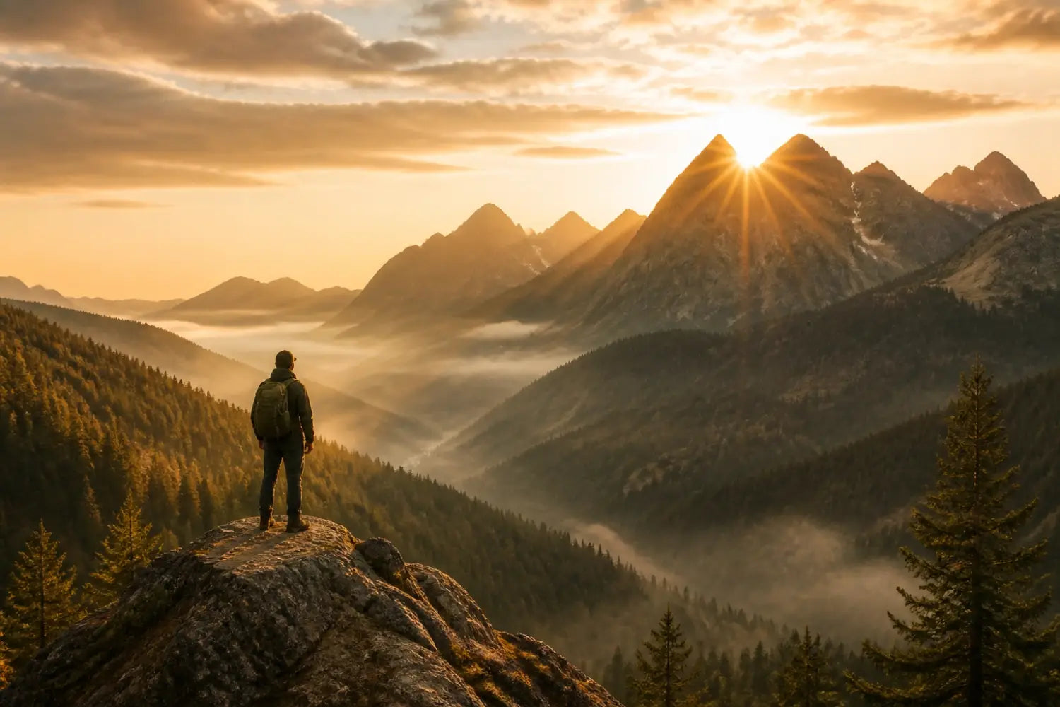 A hiker observing a mountain sunrise, reflecting on the fingerprints of the Divine in nature.