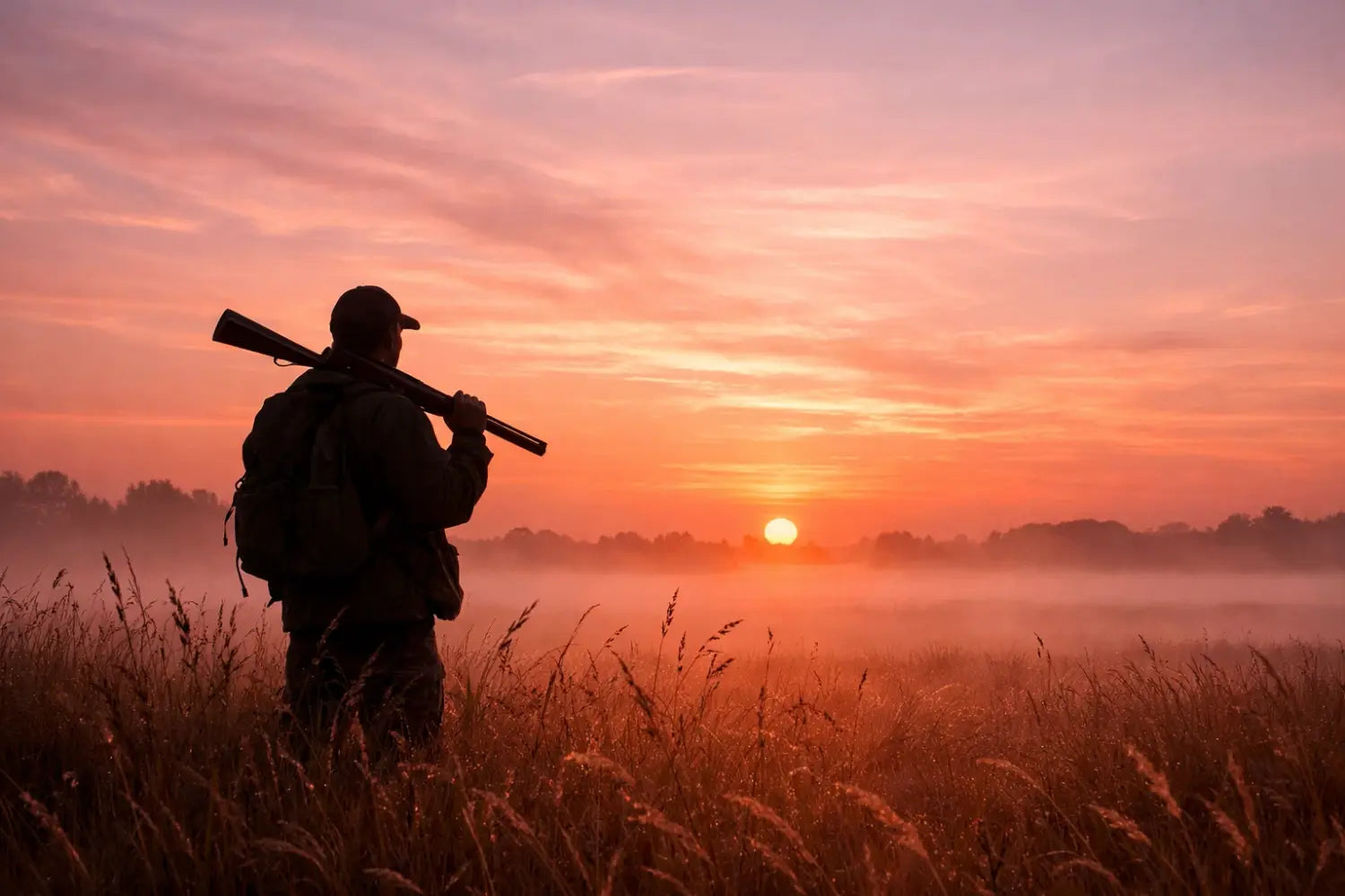 Hunter in misty field at sunrise reflecting on faith and purpose