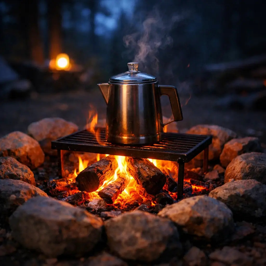Warm campfire with a coffee percolator at twilight, a symbol of guidance and sustenance in nature.