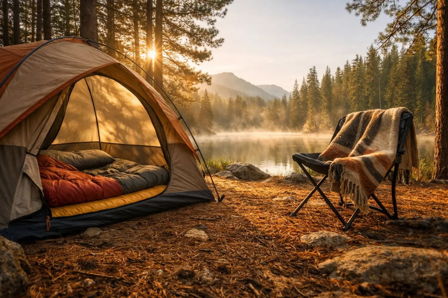 Cozy camping tent with sleeping bag and pad by a misty lake at sunrise, showing essential camping bedding.