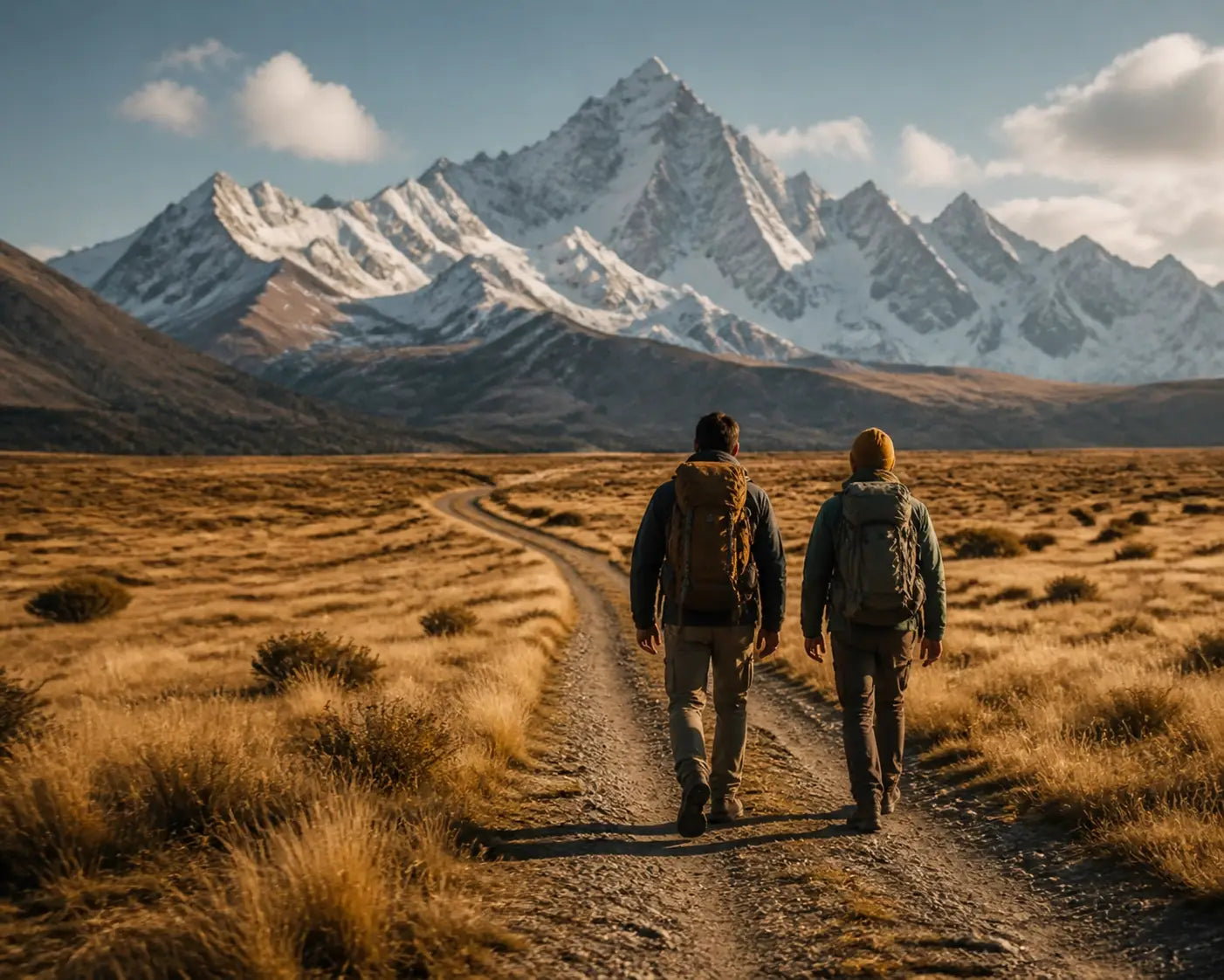 Two friends hiking a mountain trail, representing a shared Christian journey and outdoor freedom.