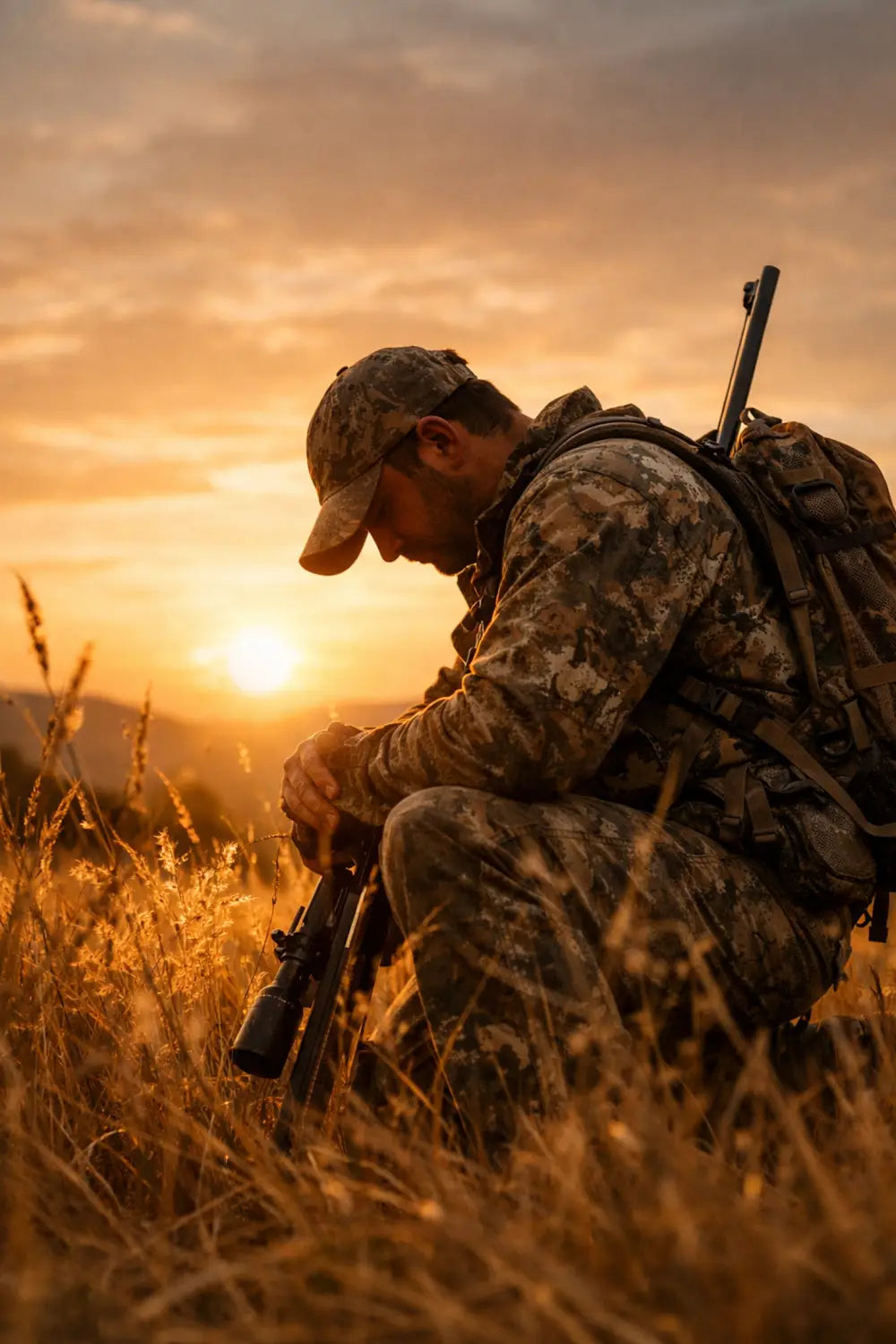 An outdoorsman in camouflage kneeling in a field at sunset for a prayer of gratitude.