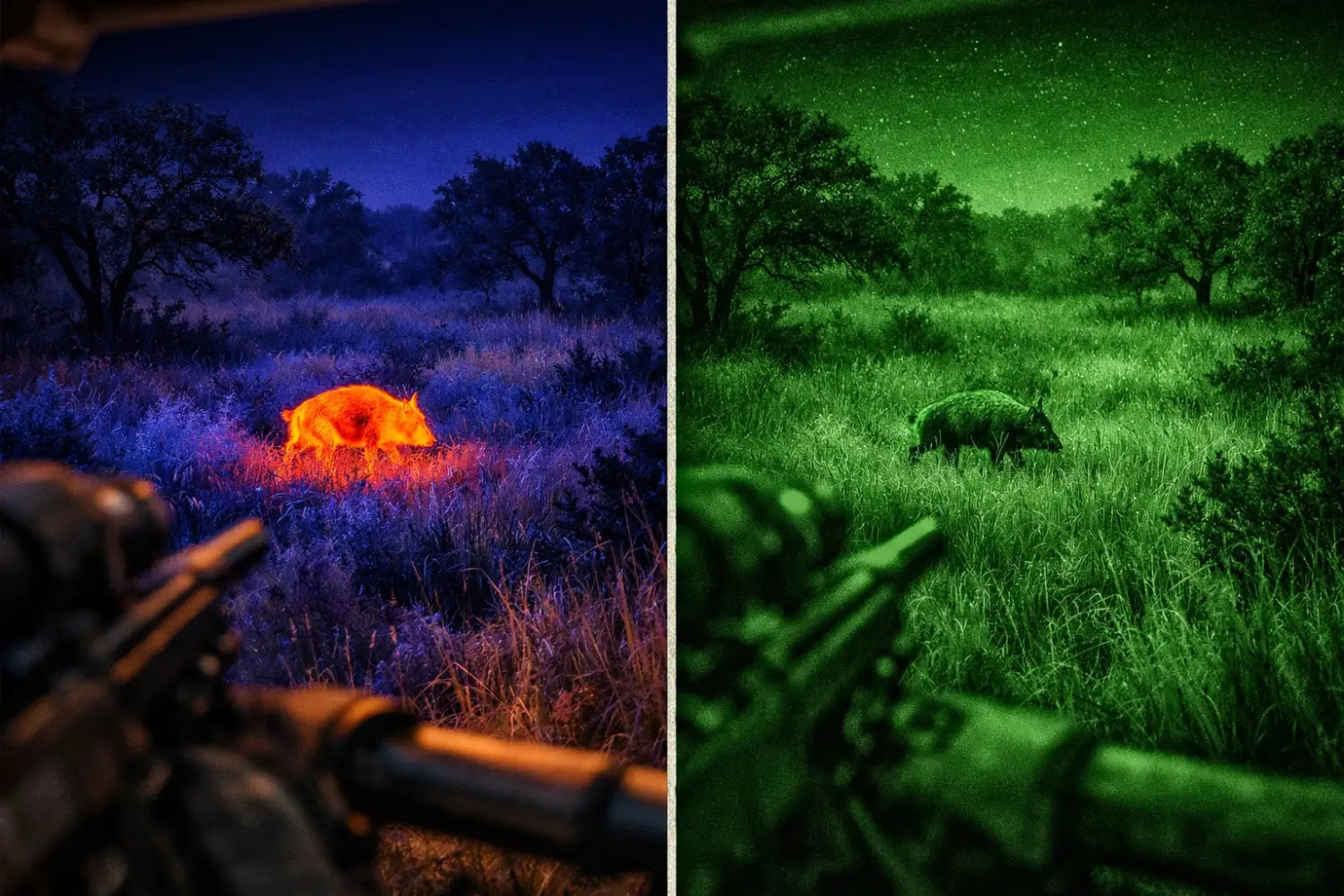 Split-screen comparison of thermal imaging vs night vision for detecting wild hogs in dense brush