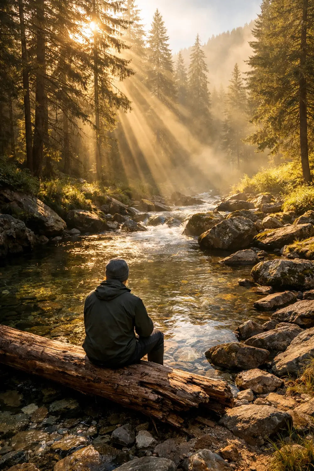 Person sitting in peaceful solitude by mountain stream surrounded by pine trees in prayer and worship