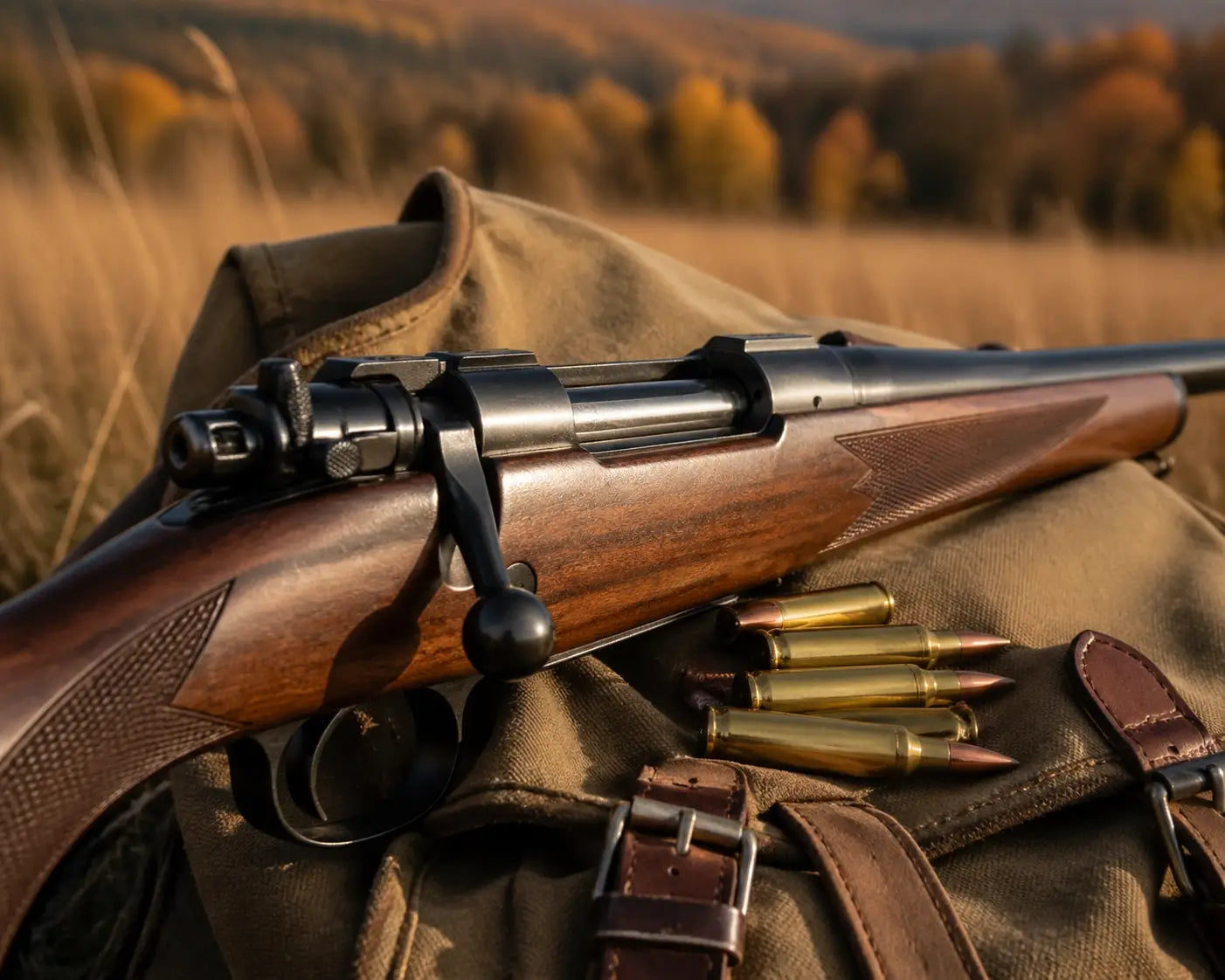 A precision hunting rifle resting in an autumn meadow, representing discipline and stewardship in the wild.