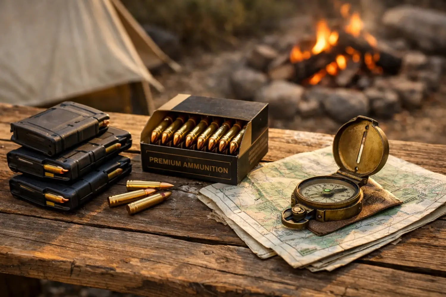 Rifle magazines and outdoor gear on a rustic table, highlighting preparation and safety for retreats.