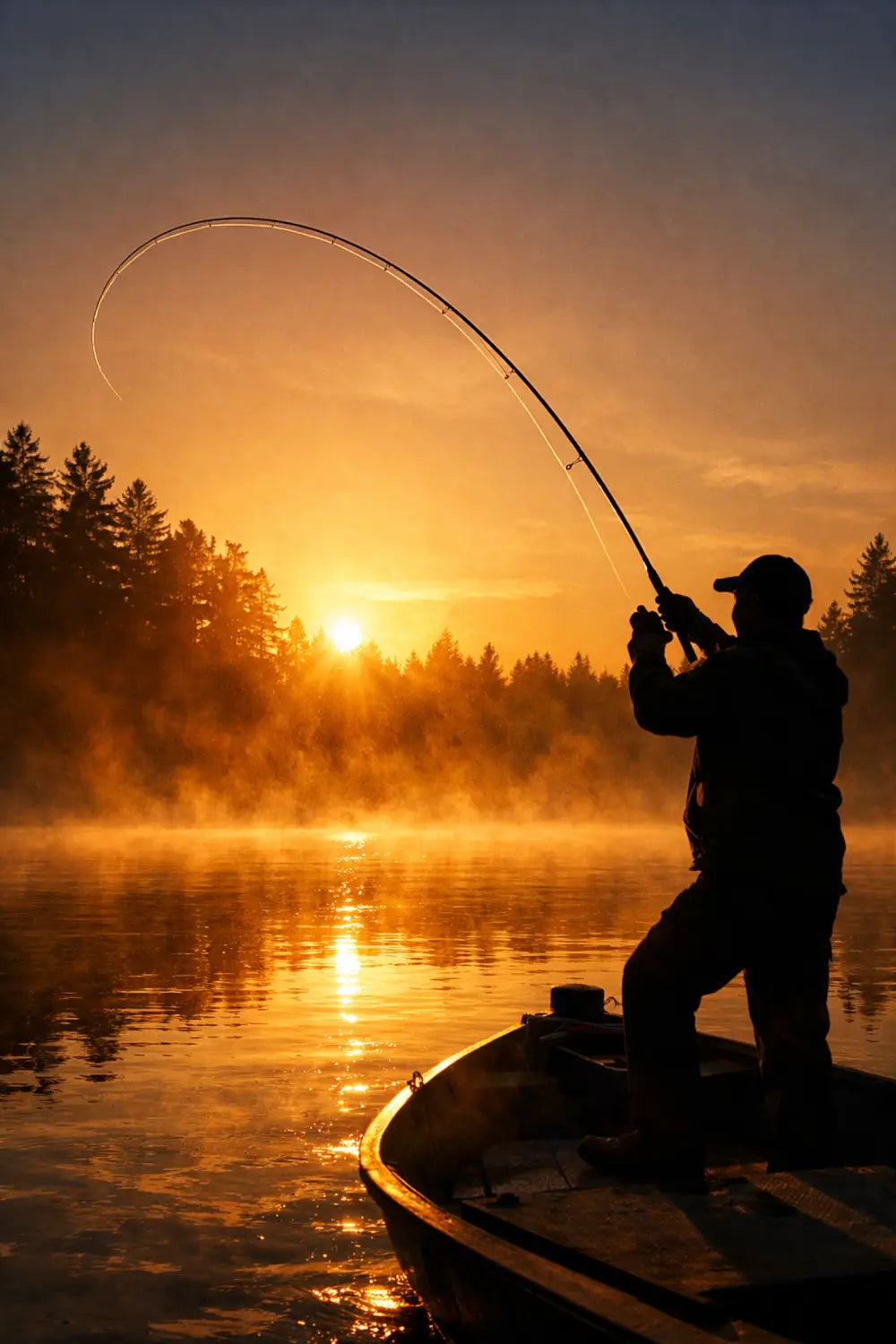 Fisherman casting fishing line at sunrise on calm lake symbolizing faith and letting go